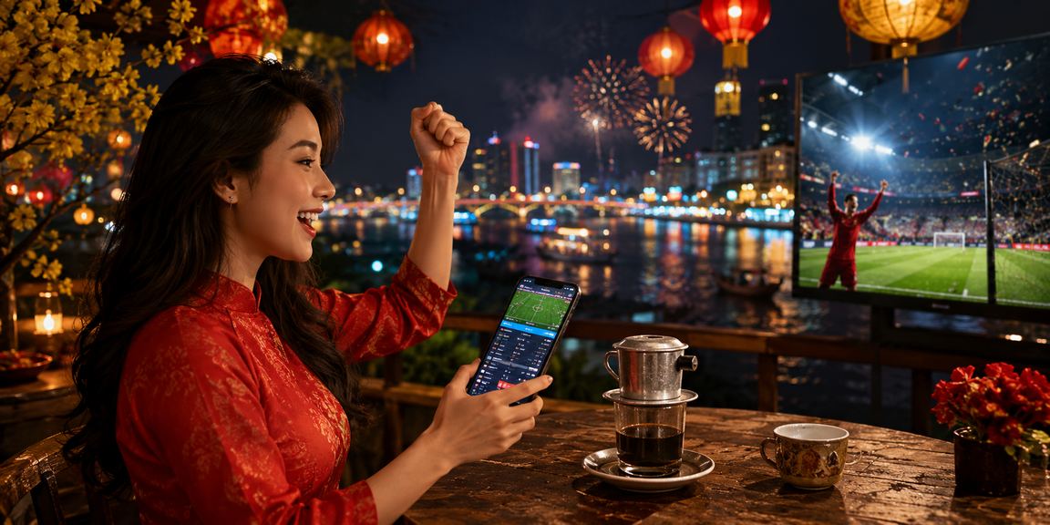 Người dùng vùng Mê Kông xem thông tin cá cược thể thao trên điện thoại tại quán cà phê